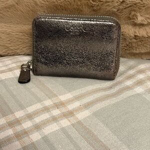 Coach Small Zip Around Wallet Metallic Silver Pebbled Leather